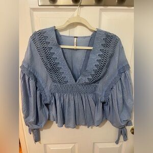 Free People Blue Puff Sleeve Blouse with Smocked Ruffled Details